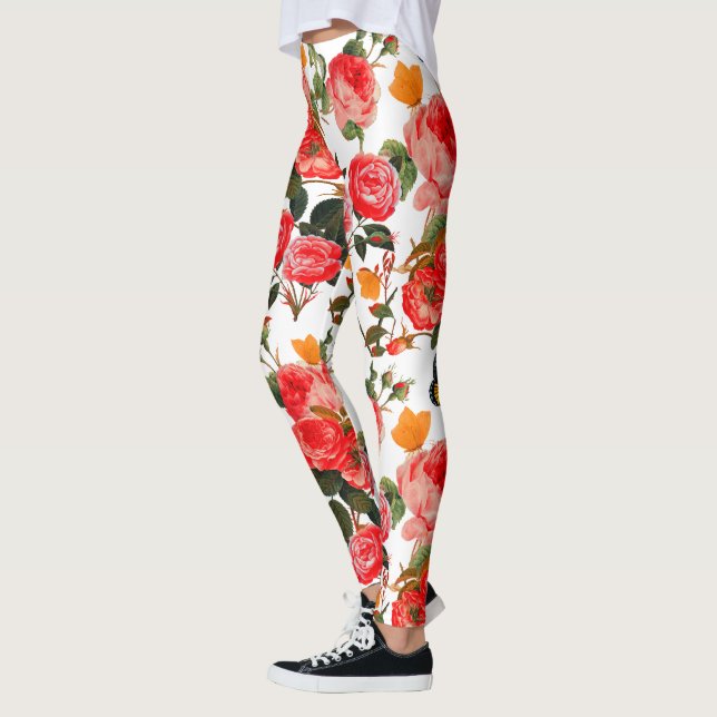 ROTE ROSEN UND GELBE SCHALTFLÄCHEN Weiße Blume Leggings (Links)