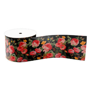ROTE ROSEN UND GELBE SCHMETTERLINGE Schwarze Blüte Ripsband