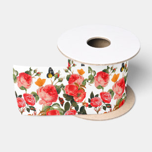 ROTE ROSEN UND GELBE SCHMETTERLINGE Weiße Blüten Satinband