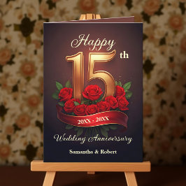 Rote Rosen und Gold Nummer 15 Jahrestag der Hochze Karte