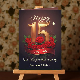 Rote Rosen und Gold Nummer 15 Jahrestag der Hochze Karte