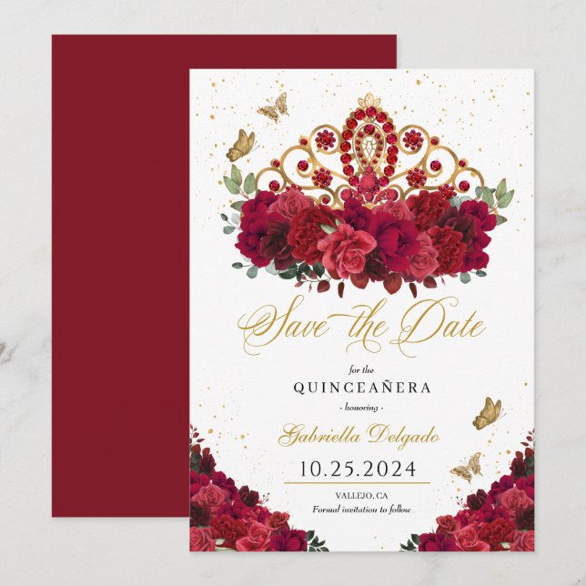 Rote Rosen und Gold Tiara Save the Date Quinceñera Einladung (Vorne/Hinten)