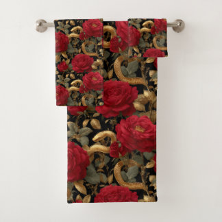 Rote Rosen und goldene Schlangen Muster Badhandtuch Set