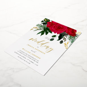 Rote Rosen und grünes Blatt Hochzeit Goldfolie Folieneinladung