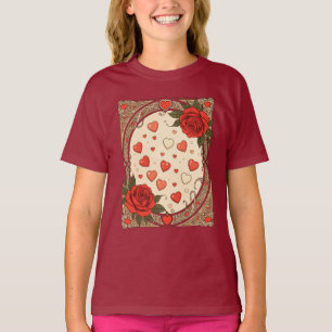 Rote Rosen und Herzen im Jugendstil-Design T-Shirt