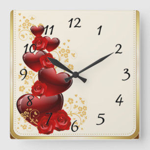 Rote Rosen und Herzen Quadratische Wanduhr