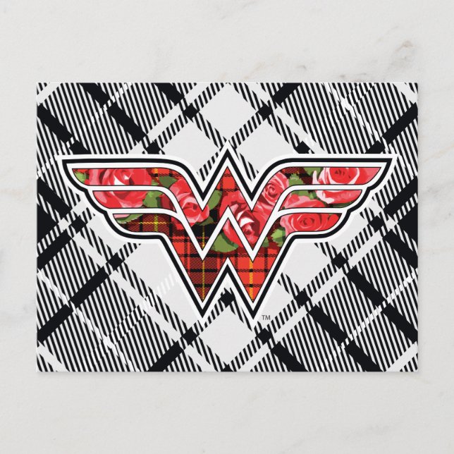 Rote Rosen und Kariertes Wonder Woman Logo Postkarte (Vorderseite)