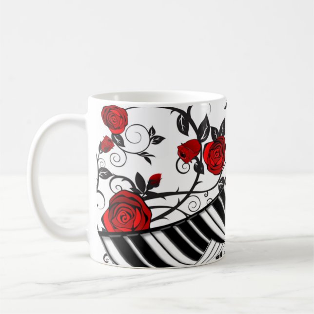 Rote Rosen und Klaviertasten, Blickfang! Tasse (Links)