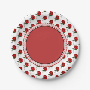 Rote Rosen und Perlen Elegante florale Hochzeitsfe Pappteller