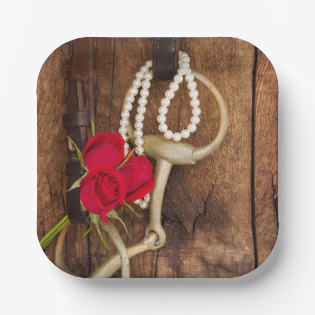 Rote Rosen- und Reitpferde Western Hochzeit Pappteller (Vorderseite)