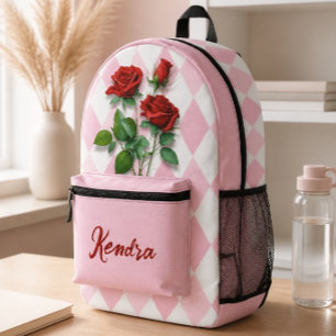 Rote Rosen und rosa und weißes Diamantmuster Bedruckter Rucksack