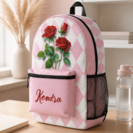 Rote Rosen und rosa-weißes Diamantmuster Bedruckter Rucksack