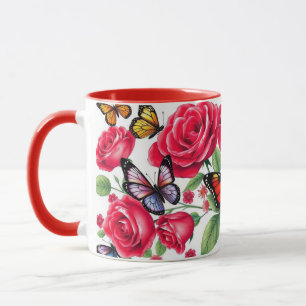 Rote Rosen und Schmetterlinge Tasse