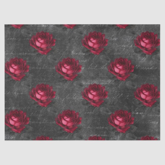 Rote Rosen und Schreiben über das "Gray Decoupage" Seidenpapier (Vorderseite)