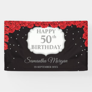Rote Rosen und silberne Glitzern 50. Geburtstagsba Banner