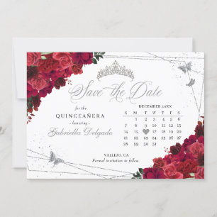 Rote Rosen und Silver Quinceñera Save the Date Einladung