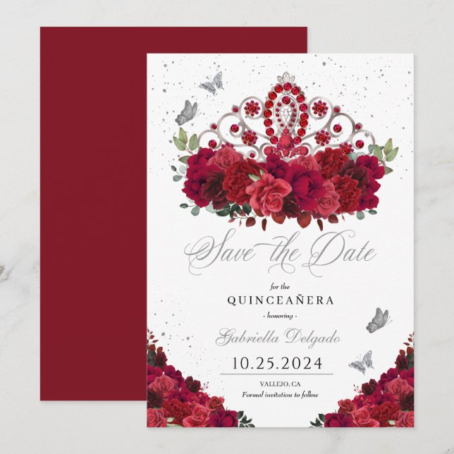 Rote Rosen und Silver Tiara Save the Date Quinceañ Einladung (Vorne/Hinten)