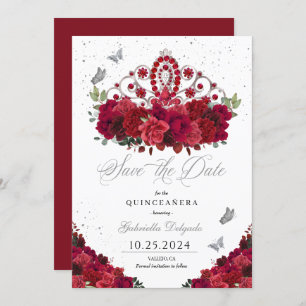 Rote Rosen und Silver Tiara Save the Date Quinceañ Einladung