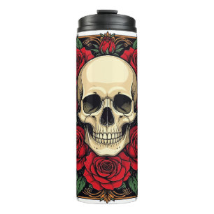 Rote Rosen und Skelettskull Art Nouveau Thermosbecher