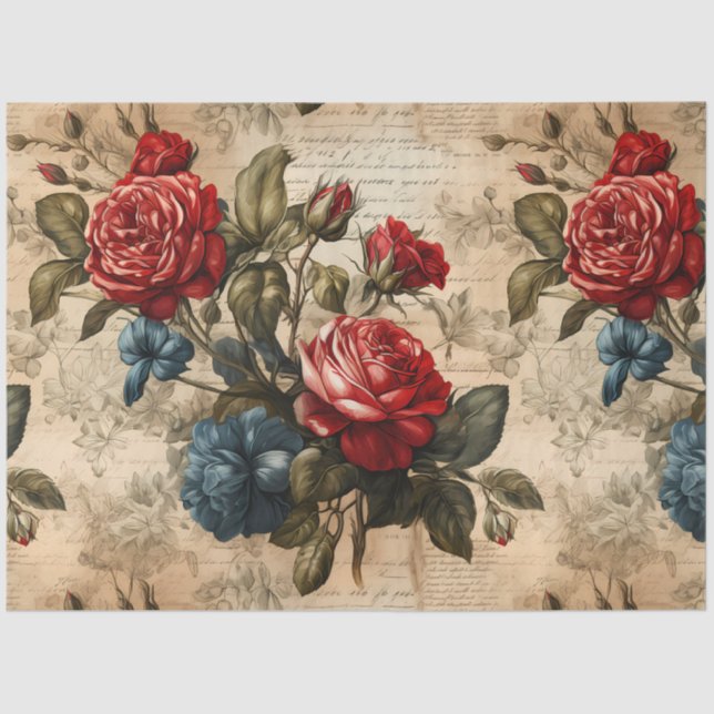 Rote Rosen Vintag Inspiriert Dekoupage Seidenpapier (Vorderseite)