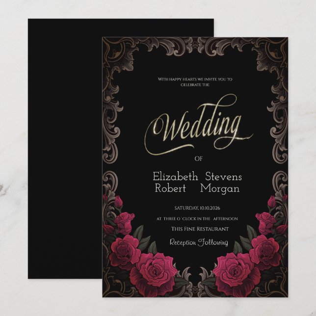 Rote Rosen Vintage-Rahmen Gothic-Hochzeit Einladung (Vorne/Hinten)