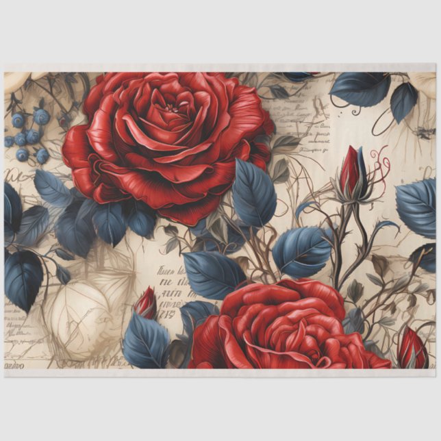 Rote Rosen Vintages Inspiriertes Dekoupage Tissue  Seidenpapier (Vorderseite)