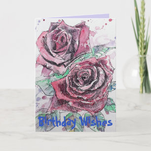Rote Rosen-Wasserfarben-Blume Florale Geburtstagsk Karte