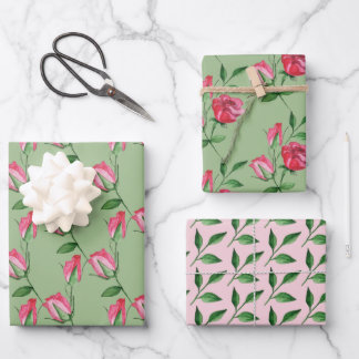 Rote Rosen Wasserfarben Handgemalt Geschenkpapier Set