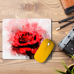 Rote Rosen-Wasserfarbenkunst auf weißem Hintergrun Mousepad