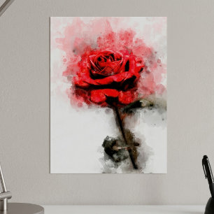 Rote Rosen-Wasserfarbenkunst auf weißem Hintergrun Poster