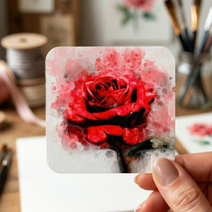 Rote Rosen-Wasserfarbenkunst auf weißem Hintergrun Quadratischer Aufkleber