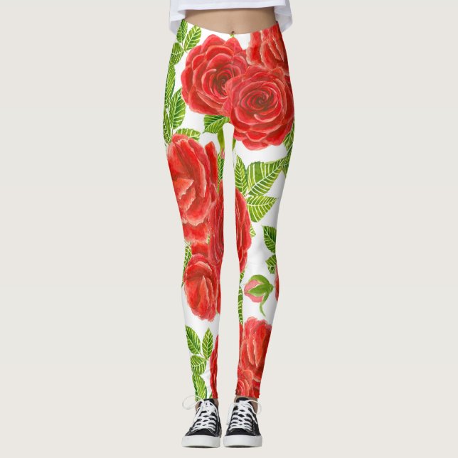 rote Rosen Wasserfarbennahes Muster Leggings (Vorderseite)
