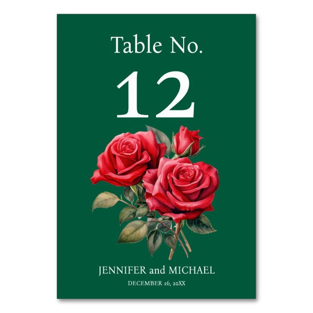 Rote Rosen Wasserfarbenprächtige Hochzeitsstimmung Tischnummer (Vorderseite)