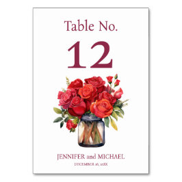 Rote Rosen Wasserfarbenprächtige Hochzeitsstimmung Tischnummer