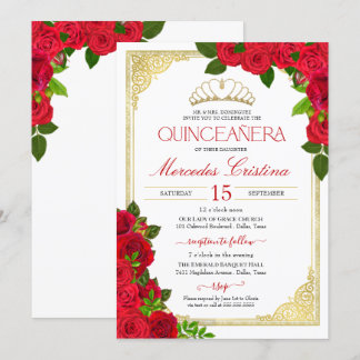 Rote Rosen Weiß und Gold Elegante Quinceñera Einladung