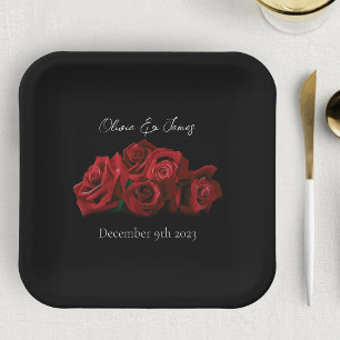 Rote Rosen Weiße Schwarze Eleganz Zeitlos Pappteller
