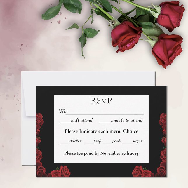 Rote Rosen Weiße Schwarze Eleganz Zeitlos RSVP Karte (Von Creator hochgeladen)