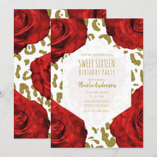 Rote Rosen Weißes Gold Gepard Leopard Sweet 16 Inv Einladung