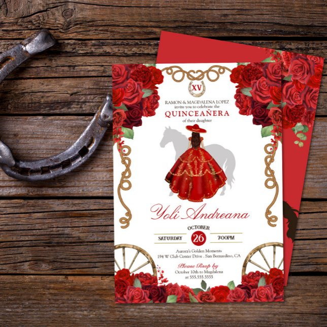 Rote Rosen Western Cowboy Charra Quinceañera Einladung (Von Creator hochgeladen)
