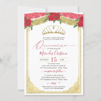 Rote Rosen & Ziergolden Elegante Quinceanera Einladung