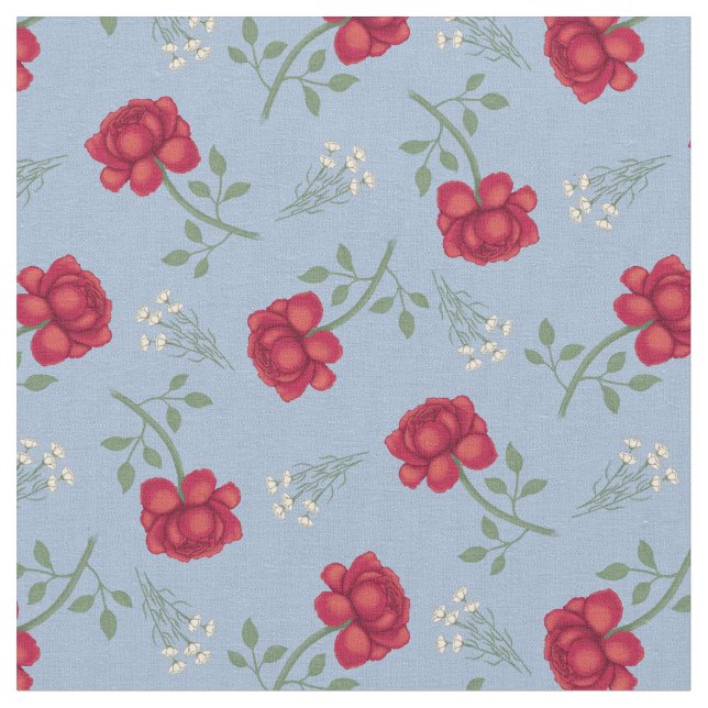 Rote Rosen zu Light Blue Calico Stoff (Nahaufnahme)
