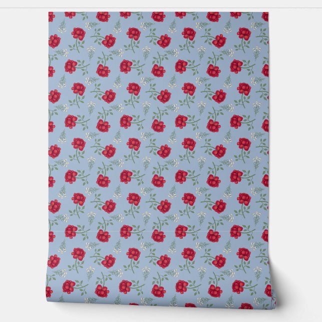 Rote Rosen zu Light Blue Calico Tapete (Abrollen)