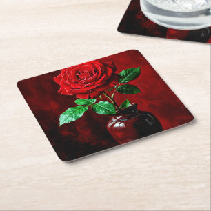 Rote Rosenblumenmalerei Rechteckiger Pappuntersetzer