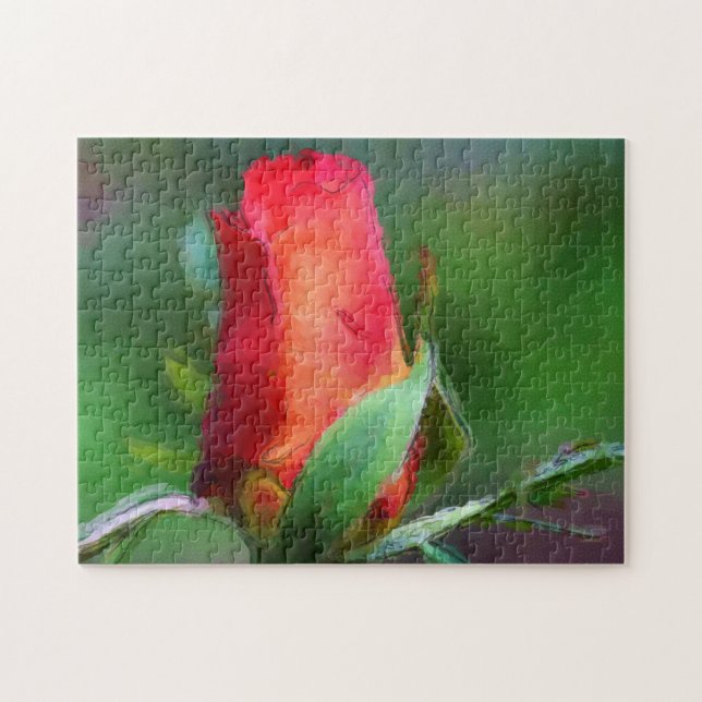 Rote Rosenknospe Blume Aquarellfarben Foto Malerei Puzzle (Horizontal)