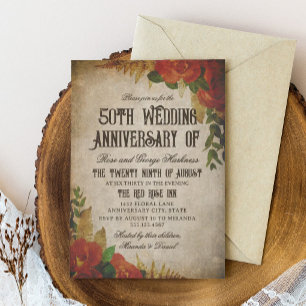 Rote Rosensträuße Vintage 50. Hochzeitstag Einladung