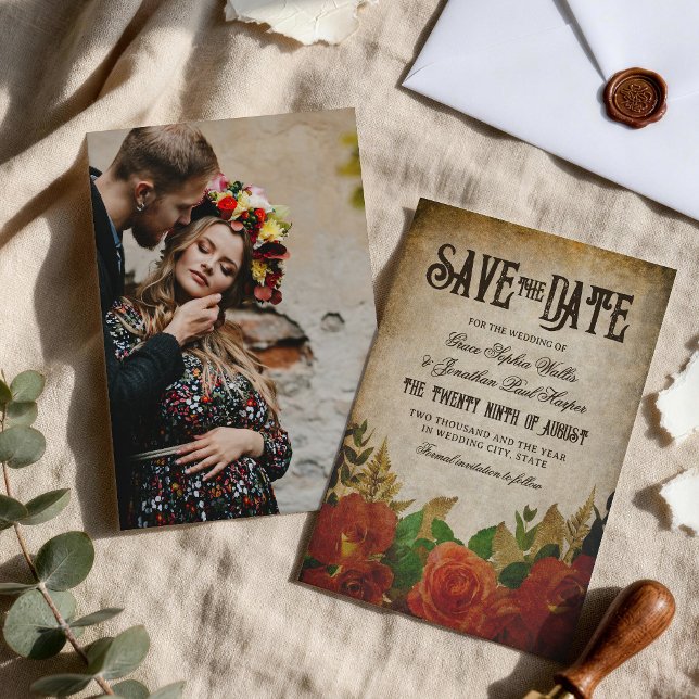 Rote Rosensträuße Vintage-Hochzeit Save The Date (Von Creator hochgeladen)