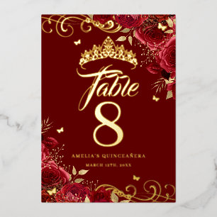 Rote Rosenwirbel-Quinceanera Goldene Tischnummer
