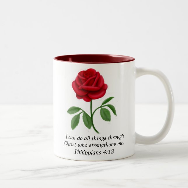 Rote Rosephilippians-4:13 Bibelscripture-Tasse Zweifarbige Tasse (Rechts)