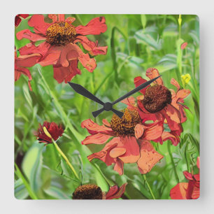 ROTE RUDBECKIENBLÜTEN QUADRATISCHE WANDUHR