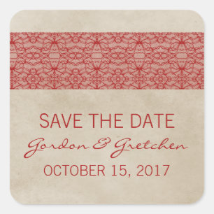 Rote Rustic Lace Save-the-Date-Aufkleber Quadratischer Aufkleber